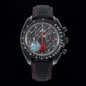 BLS New Release: Omega's latest Speedmaster Dark Side of the Moon watch debuts with an all-ceramic construction. Ceramic is an inorganic non-metallic material formed through high-temperature firing. This material enables the creation of high-density watch components with exceptional mechanical properties.Ceramic ranks among consumers' most favored watch materials, valued for its striking, diverse hues and exceptional properties. Twice as light as stainless steel, ceramic offers superior wear resistance, high scratch resistance, biocompatibility, hypoallergenicity, and non-magnetic properties.This timepiece features a 44.25mm case housing a blackened movement. Laser ablation technology recreates the authentic lunar surface on the movement's bridges, paying tribute to the Speedmaster's pivotal role in the Apollo 8 mission.Through the skeletonized dial crafted from black anodized aluminum, the near side of the moon—visible from Earth—is clearly visible. The caseback reveals the far side of the moon, seen only by astronauts. The watch is paired with a black micro-perforated rubber strap featuring a striking yellow rubber insert.The entire watch is crafted from black ceramic, featuring a central chronograph seconds hand accented with yellow lacquer and a bezel adorned with laser-engraved bright white enamel tachymeter scales.The small seconds hand is crafted from Grade 5 titanium, ingeniously shaped like the Saturn V rocket. This 3D form is achieved through laser turning, with color variations created by applying white lacquer, laser ablation, and laser blackening techniques.